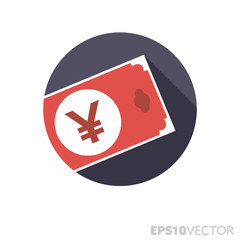 Yuan or yen bill flat design long shadow color vector icon