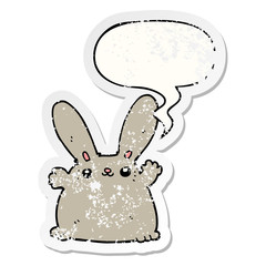 cartoon rabbit and speech bubble distressed sticker