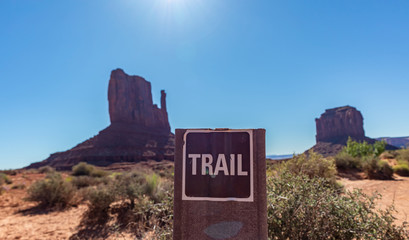 Monument Valley Tribal Park in the Arizona-Utah border, USA. Trail path signage