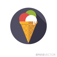 Ice cream cone flat design long shadow color vector icon