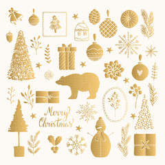 Set of golden Christmas illustrations. Vector sticker design. Holiday fancy elements. Isolated illustration.
