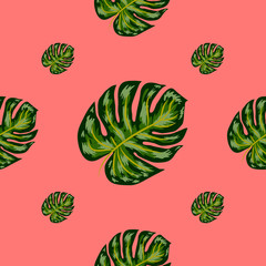 Tropical Pattern. Seamless Texture with Bright Hand Drawn Leaves of Monstera.