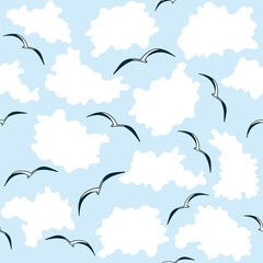 Seamless pattern with seagulls and clouds. Flat style repeat background.