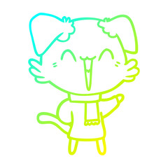 cold gradient line drawing happy little cartoon dog in winter clothes