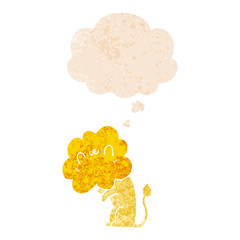 cartoon lion and thought bubble in retro textured style