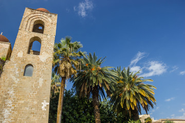 Palermo Sicily famous arabic bell tower of church San Giovanni degli Eremiti, historical heritage with bell tower and palms