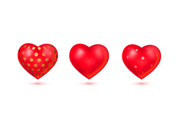 Red 3d heart and heart with polka dot set isolated on white background. Vector illustration for banner, lettering, invitation, poster, web. St. Valentine's day concept.