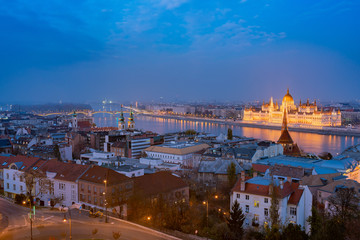 Fototapeta na wymiar Night aerial view of Budapest cityscape with Hungarian Parliament Building