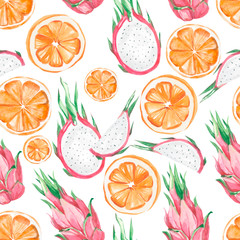 Watercolor summer exotic fruit pattern orange and Dragon fruit, summer tropical print for the textile fabric und wallpaper 