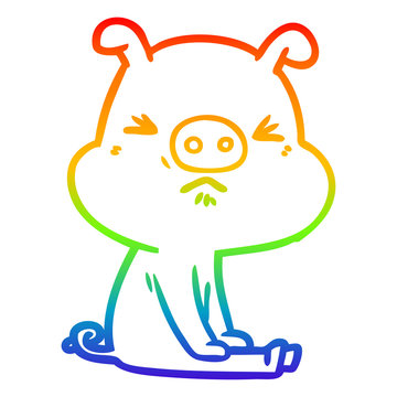 recommend clip art: rainbow gradient line drawing cartoon angry pig sat waiting