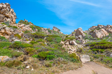 Scenic landscape of green hills and rocky mountains of the island of Sardinia in spring