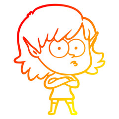 warm gradient line drawing cartoon elf girl staring
