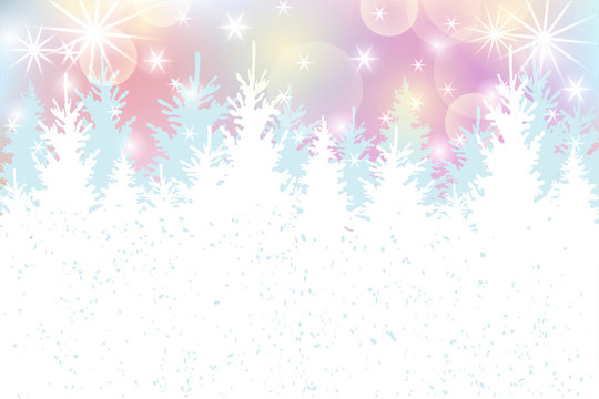 Winter background with christmas trees and glowing lights. Place for text. Vector illustration for Christmas and New Year holiday, party invitation, greeting card, poster, web, flyer.