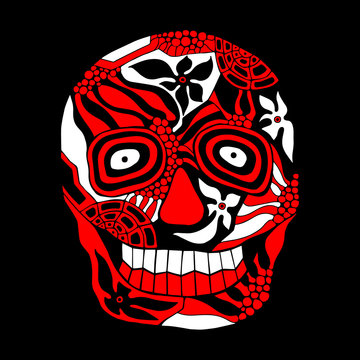 Vector hand drawn illustration of smiling skull with flowers, spider web, tooth, lines face of human Print horror for t shirt. Mexican style, day of the dead, halloween. Sketch, doodle drawing.
