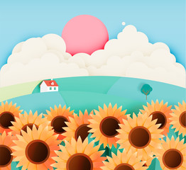 Sunflower field with paper art style
