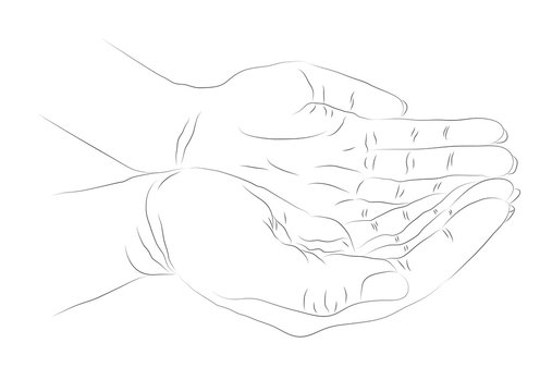 Hope concept. Hand drawn open palms Black and white vintage hands. Vintage figure. Linear graphic design.