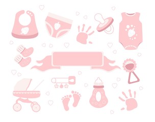 Cute set of baby shower celebration and decoration. It's a girl.