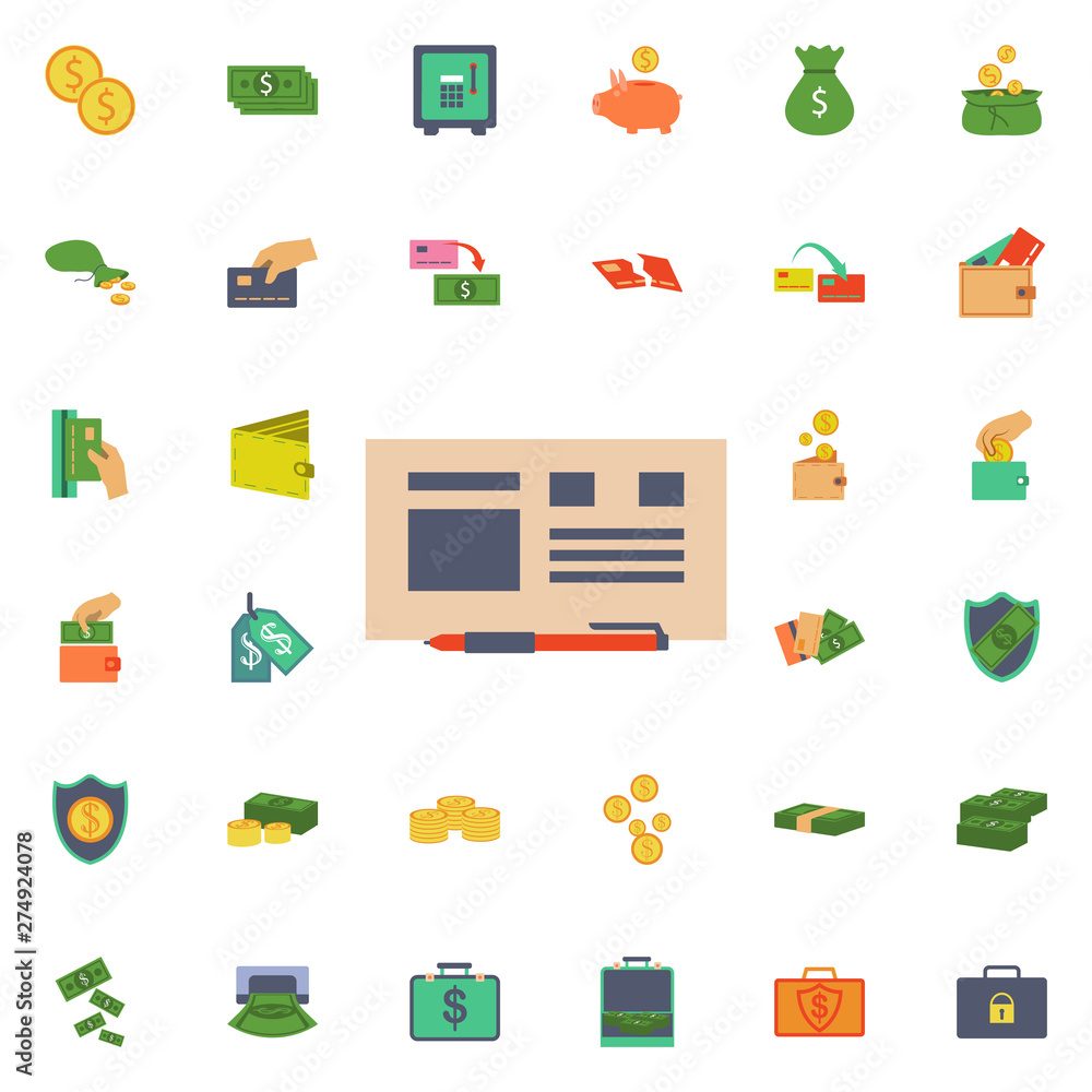 Poster bank check and pen icon. universal set of banking for website design and development, app developmen