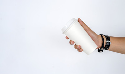 mockup of male hand holding a hot coffee cup om white background