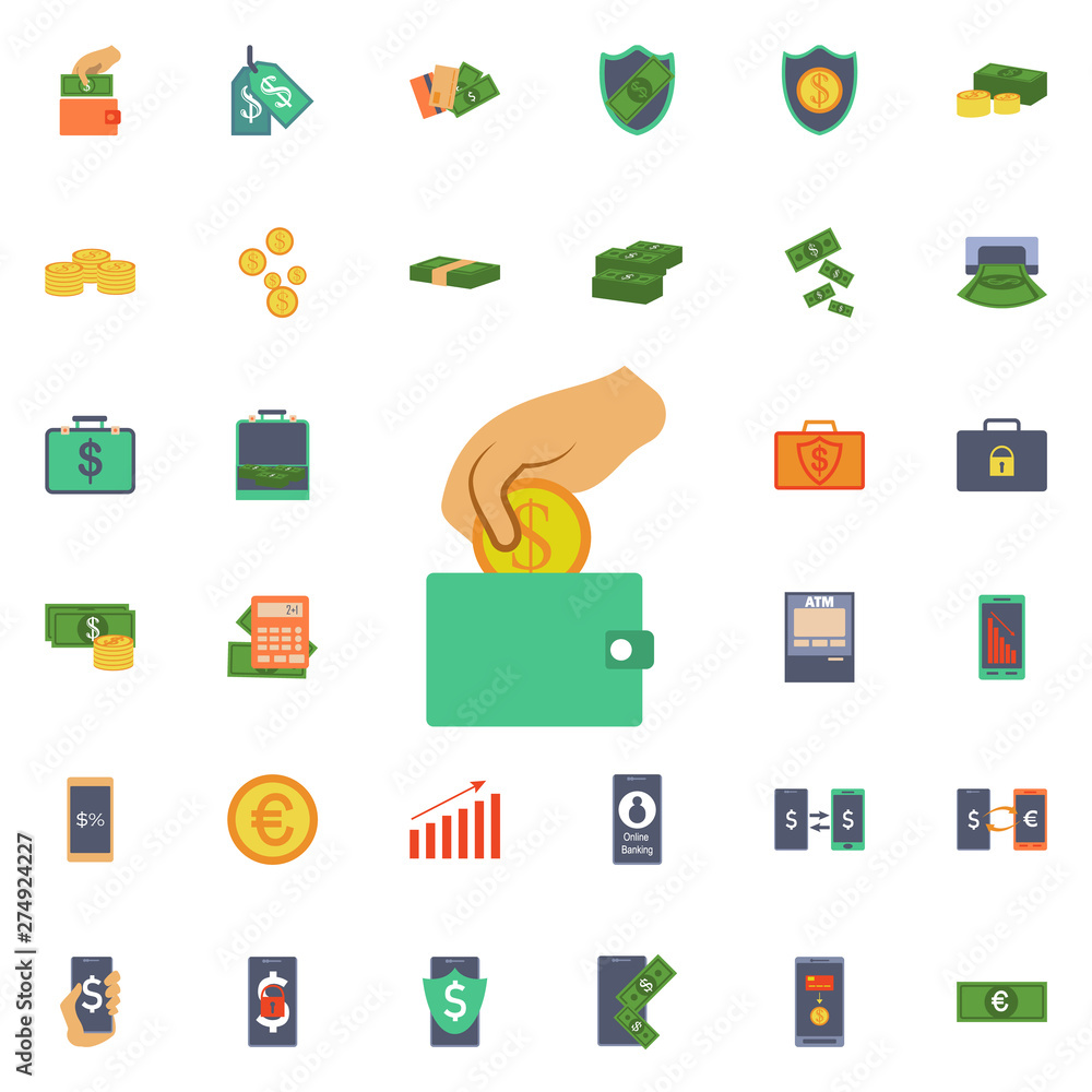Poster Hand puts a coin in a wallet icon. Universal set of banking for website design and development, app development