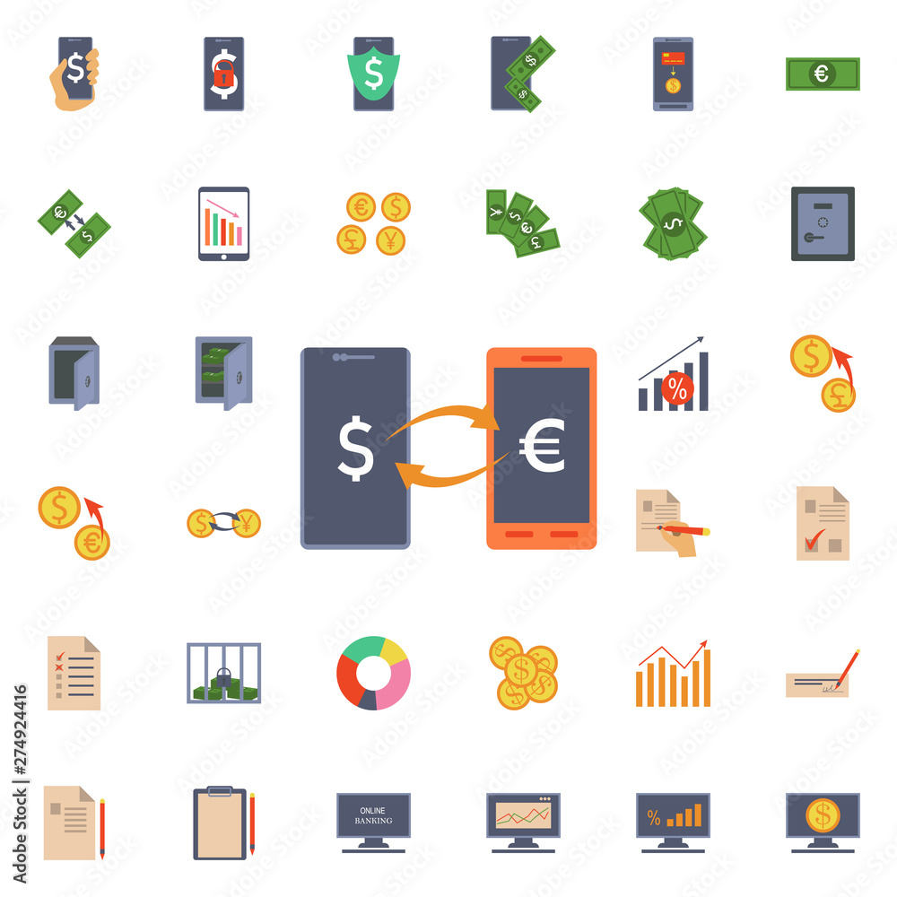 Poster currency exchange in the phone icon. universal set of banking for website design and development, ap