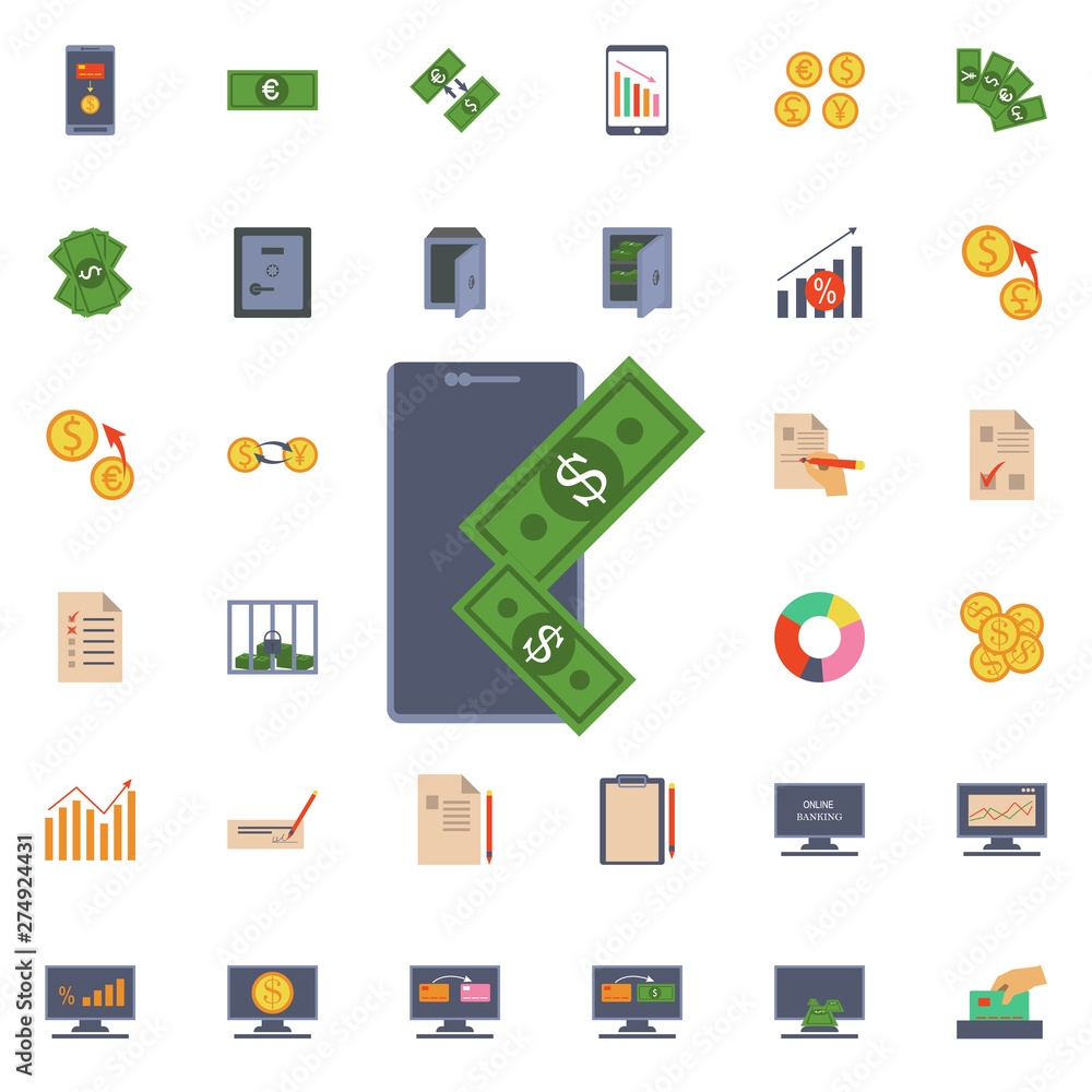 Poster money and smart phone icon. universal set of banking for website design and development, app develop