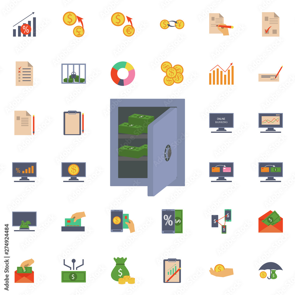 Poster open safe with money icon. universal set of banking for website design and development, app developm