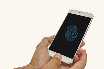 Men  fingerprint scanning on smartphone with  white background. For display unlock mobile phone