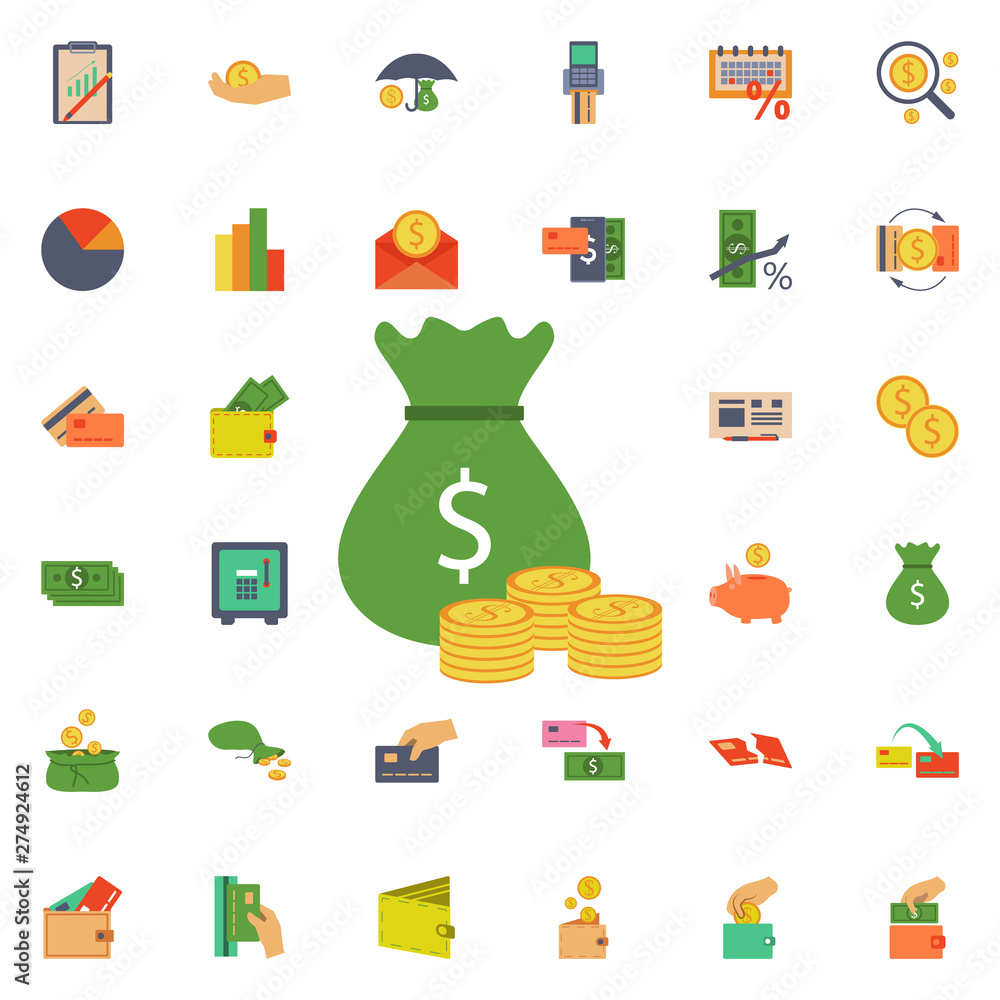 Poster bag of money and coins icon. universal set of banking for website design and development, app develo