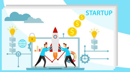Startup concept. People are pushing up a rocket. Starting a business. The rocket takes off from a laptop. Vector illustration