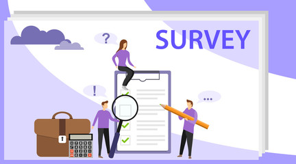Survey vector illustration. People are being tested. Feedback from customers or opinion form. Client answers understanding with professional research team. Vector illustration