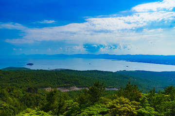 Fototapeta na wymiar Kagoshima, Kagosima city / Japan - 2019.05.12 : landscape of Kinkowan bay and Kagoshima city from Yunohira observation point in Kagoshima Japan 