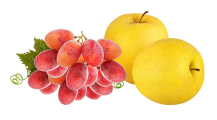 Fresh yellow apples and grapes isolated on white background with clipping path