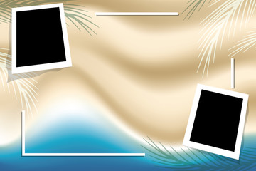 Photo frame with palms on top view sea and beach background.