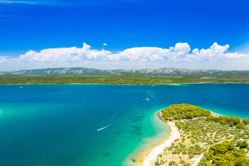 Marvelous Croatian sea landscape, Mediterranean coast, aerial view on Murter island, mountains in background