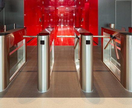 Security Office Center. Turnstile With Card Reader. Electronic Checkpoint With A Turnstile In The Office Center.