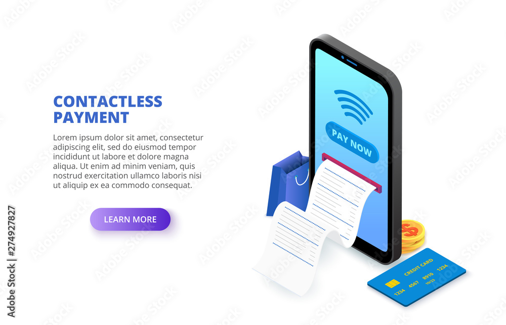 Poster contactless payment with phone and credit card. isometric vector illustration. landing page template