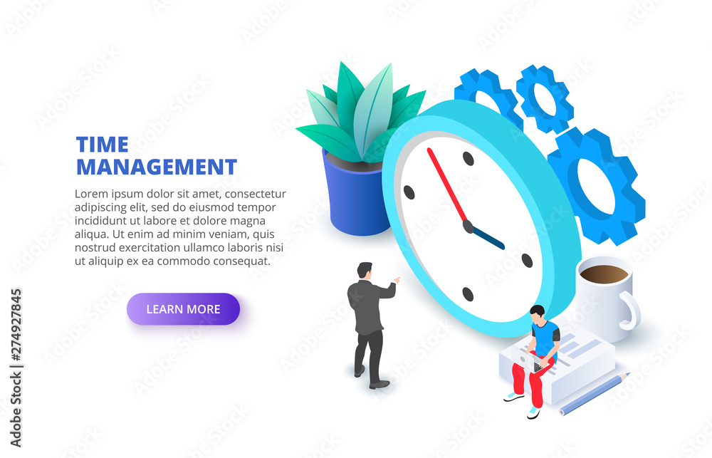 Aufkleber Time management with clock and gears. Isometric vector illustration. Landing page template for web.