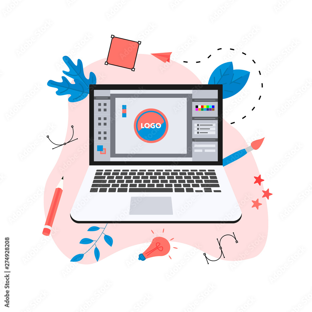 Poster flat vector graphic design concept with computer designer with an open design application with a cre
