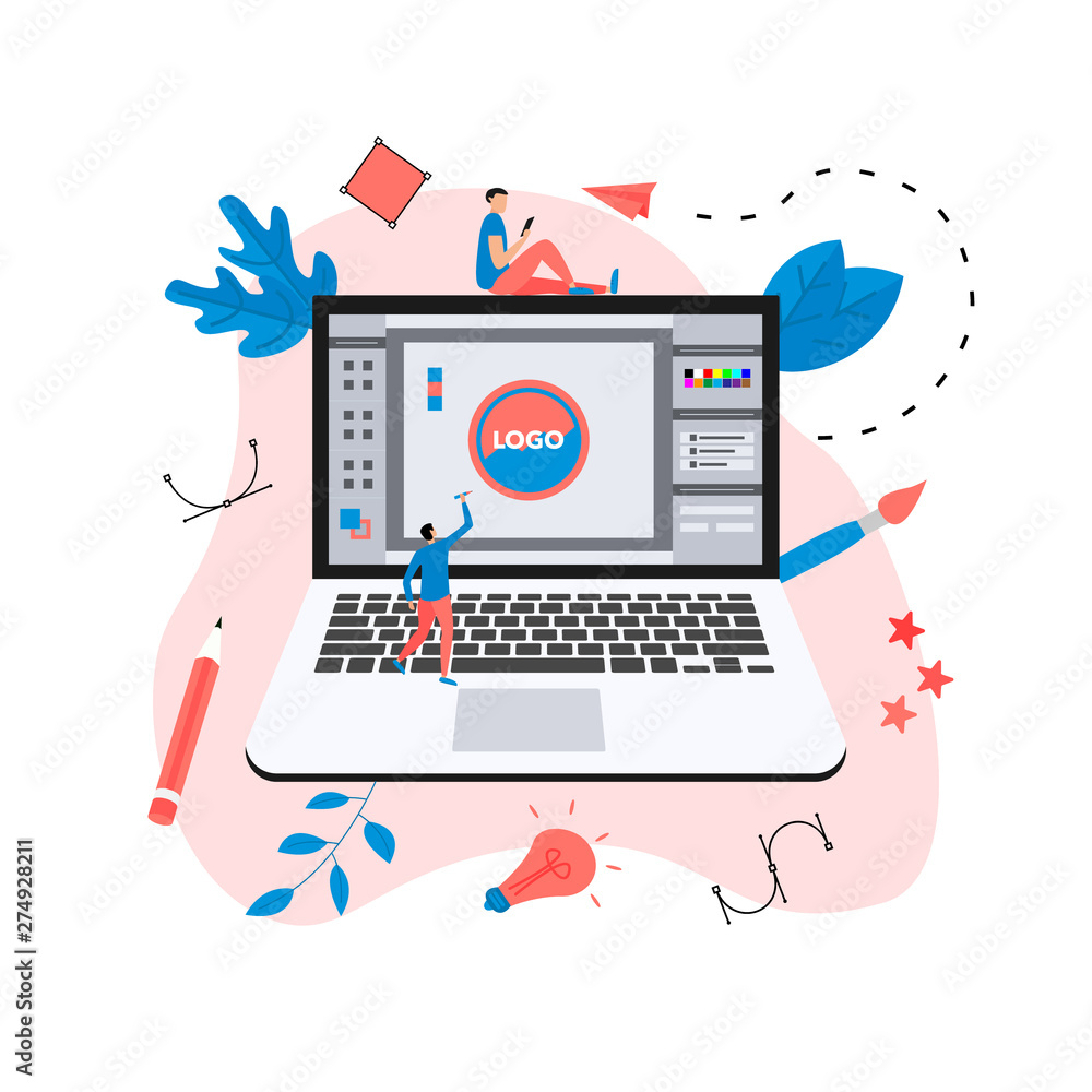 Poster flat vector graphic design concept with computer designer with an open design application with a cre