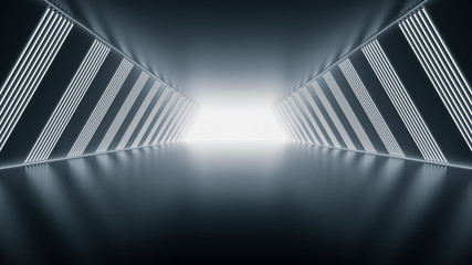 Futuristic tunnel with light, interior view. Future background, business, sci-fi or science concept. 3d illustration