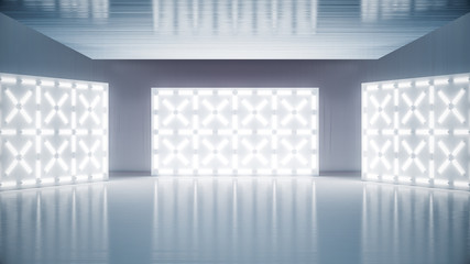 Glowing neon lighting on wall and a blank stage background for product placement. 3D illustration.