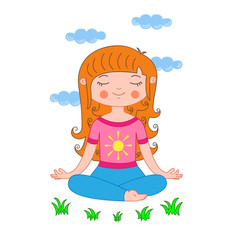 Obraz na płótnie Canvas Young girl meditates in thoughts relaxing sitting at grass outdoors in lotus pose surrounded by clouds. Vector illustration colored isolated on white background
