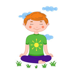 Obraz na płótnie Canvas Young boy meditates in thoughts relaxing sitting at grass outdoors in lotus pose surrounded by clouds. Vector illustration colored isolated on white background