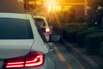 Back side of white car open light brake in junction. with gold light of evening sun. With trees and green grass beside the road.