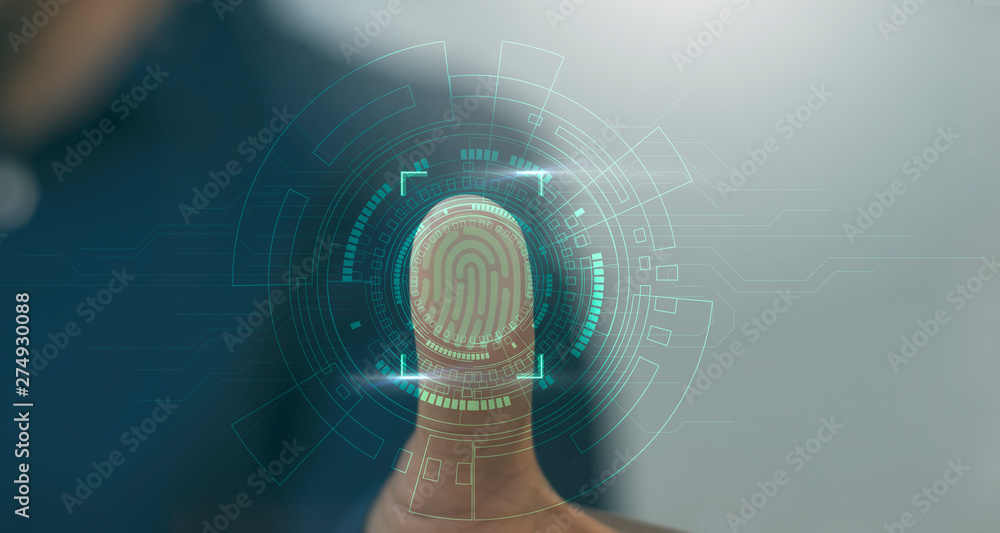 Poster businessmen scan fingerprints to access high-level information through the best security analysis of
