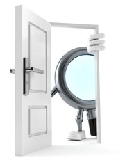 Magnifying glass character standing close to open door