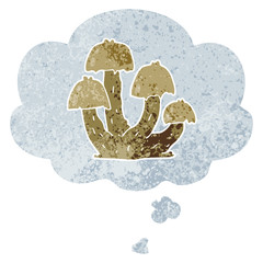 cartoon mushrooms and thought bubble in retro textured style