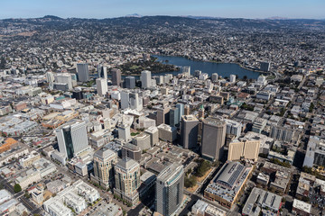 Aerial view of buildings and streets in downtown Oakland, California.