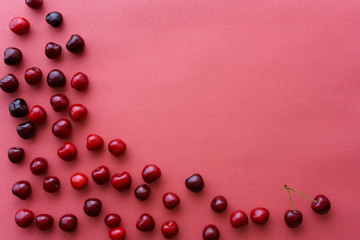 Freshly picked cherries on a pink paper background. Top view, negative space, high resolution